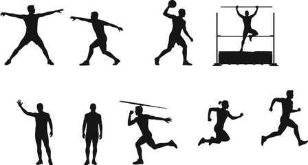 Silhouettes of athletes performing track and field events like javelin, discus, high jump, running, ideal for sports vector design