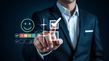 Businessman's hand presses a digital button on a virtual screen, symbolizing a connection to future business solutions