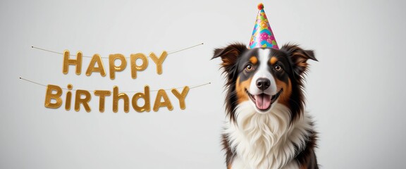 Happy Birthday party concept. Funny cute puppy dog border collie wearing birthday silly hat isolated on white background. Pet dog on Birthday day