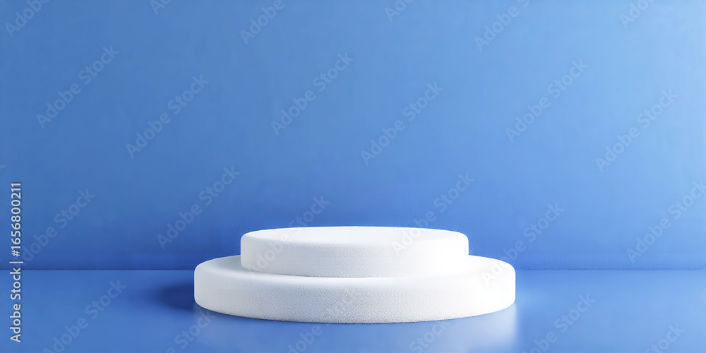 Poster a minimalistic two tier white podium on a blue surface in a studio setting for product display