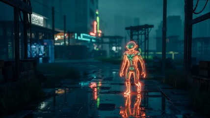 Neon Robot in Futuristic City Alley android cyborg