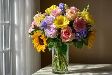 Fototapeta premium Vibrant bouquet of mixed flowers in a clear vase