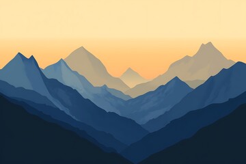 Serene mountain landscape at sunset with layered blue peaks