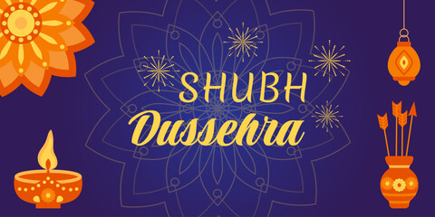 Festive Happy Dussehra greeting card with marigold garlands, traditional lanterns, bow and arrow, pot with arrows and floral mandala on dark background. Perfect for Hindu festival celebration design.