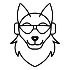 Black outline illustration of a dog wearing headphones and sunglasses animal black and white
