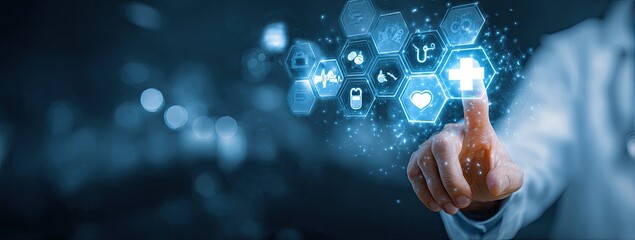 Medical technology concept, futuristic healthcare interface. A hand touches a digital display of medical icons, a healthcare concept