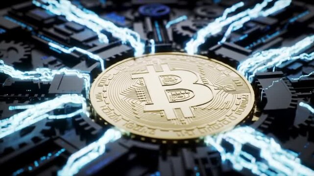 3D animation of a Bitcoin symbol as the power core of a futuristic machine.