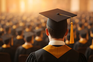 student graduation ceremony stage back view facing hat cap collage university crowd waiting for award certificate wearning golden black gown ribbon success education graduate in line commencement day