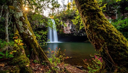 Lush forest landscape with a waterfall cascading into a tranquil pool.