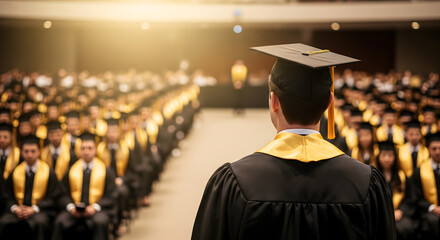 student graduation ceremony stage back view facing hat cap collage university crowd waiting for award certificate wearning golden black gown ribbon success education graduate in line commencement day