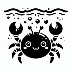 Obraz premium Cute black and white cartoon crab illustration under the sea with bubbles