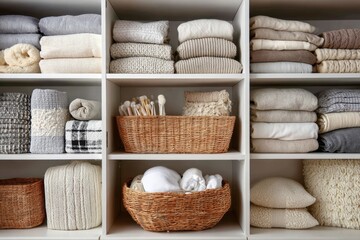 Fototapeta premium Home closet. Stylish clothes, shoes, stuff in large wardrobe. Neatly organized storage. Shelves filled with items, wooden baskets, woven boxes. Comfort Clothing organizer. Tidy efficient living space
