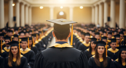 student graduation ceremony stage back view facing hat cap collage university crowd waiting for award certificate wearning golden black gown ribbon success education graduate in line commencement day