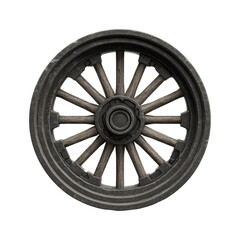 Obraz premium Detailed close-up of a weathered, antique-style wagon wheel. Spokes radiate from a dark hub. Tire is dark gray