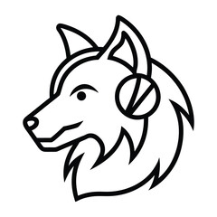 Black outline of a wolf head wearing headphones animal canine