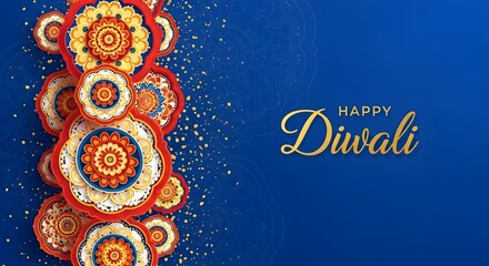 Happy diwali greeting with intricate floral mandala decorations on a vibrant blue background with golden glitter, celebrating the festival of lights