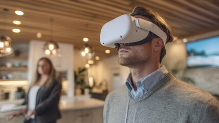 Man in a store trying on virtual reality glasses — retail demo and AR product showcase.