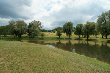 Scenic view of a tranquil pond surrounded by lush greenery on a cloudy day
