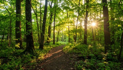 Fototapeta premium Sunlight streams through a lush forest, illuminating a peaceful woodland path.