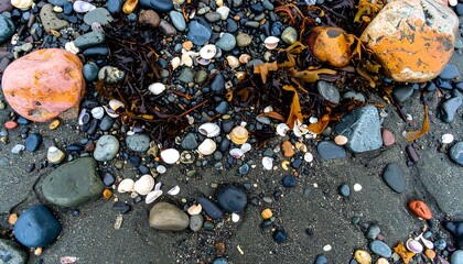 A captivating display of colorful pebbles, shells, and seaweed, nestled together on a sandy beach.