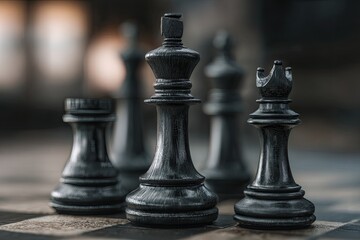Fototapeta premium Close-up of black chess pieces on a board