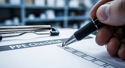 Safety Inspection: Ticking a Checkbox on a PPE Checklist in a Warehouse