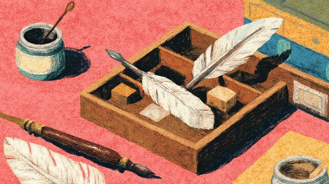 A wooden box of writing implements and inkwell on a pink surface.
