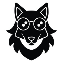 Black silhouette of a cartoon wolf wearing round glasses and smiling animal black and white