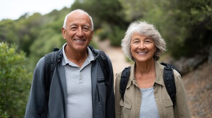 A joyful senior couple smiles at the camera while hiking on a scenic trail surrounded by greenery. Perfect for outdoor and adventure themes.