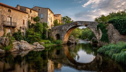 Stone bridge over calm river, quaint village