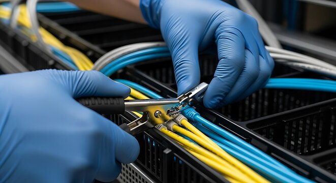 Technician Connecting Cables in Server Rack, Blue Gloves.