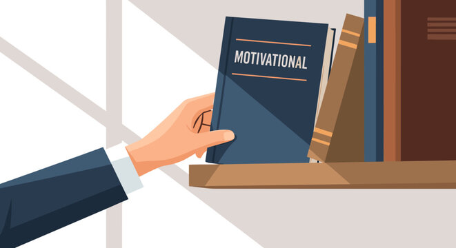 A hand in a business suit reaches for a motivational book on a shelf among other books, suggesting self-improvement and personal development.