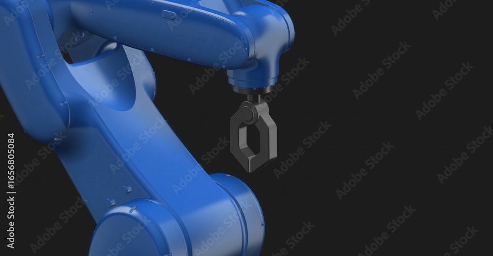 Poster blue industrial robot arm with a tool holding up a dark colored object, symbolizing automation and i