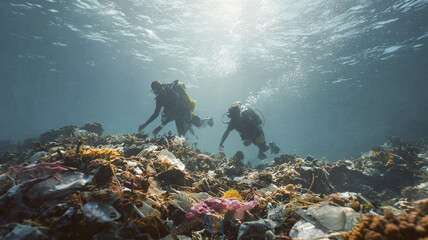 Divers explore a coral reef underwater, documenting marine life and habitat.