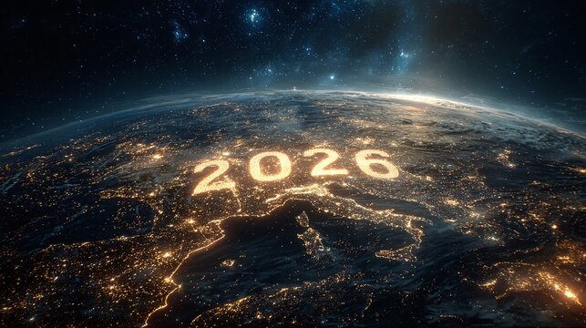 Glowing 2026 numbers on planet Earth showing Europe at night