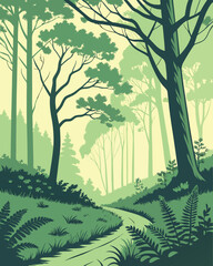 Obraz premium “Stylized Forest Landscape Vector Illustration – Abstract Nature Background with Trees and Mountains”