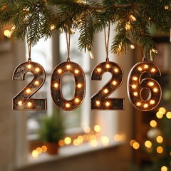Marquee 2026 numbers with holiday lights hanging from a pine branch