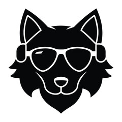 Black silhouette of a dog wearing sunglasses and headphones white
