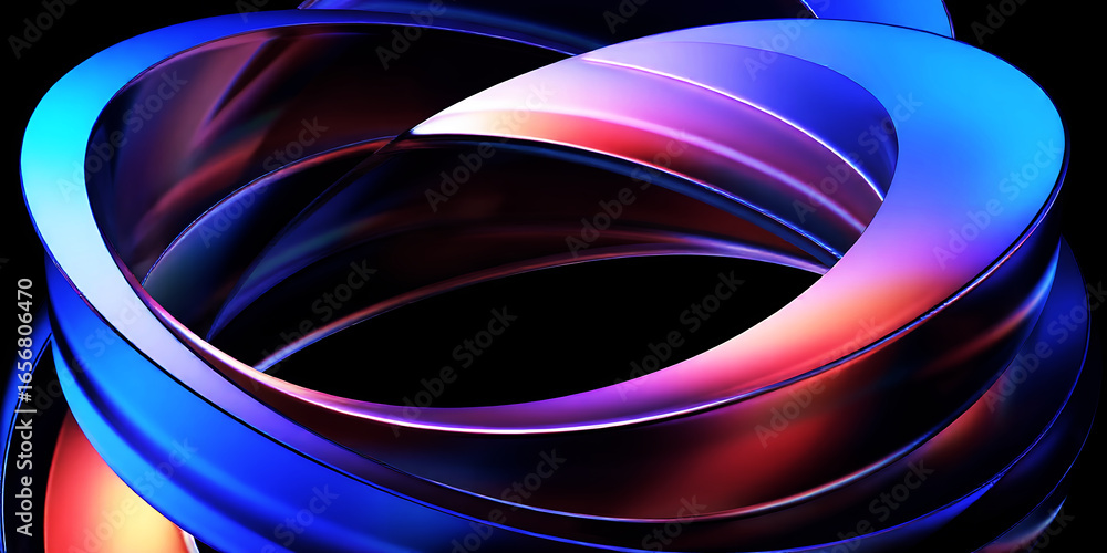 Poster a vivid abstract rendering of intertwined rings with a gradient of colors on a dark background