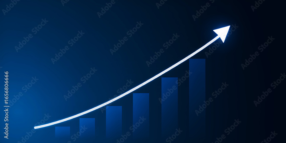 Poster a glowing arrow pointing upwards over a bar graph on a dark blue gradient background image