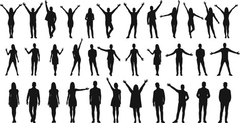 Vector silhouette collection of men and women in various standing, waving, and posing gestures, isolated people design for stock illustrations