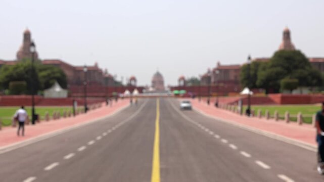 Bokeh view of Rashtrapati Bhavan in New Delhi, India. Blurred background footage.