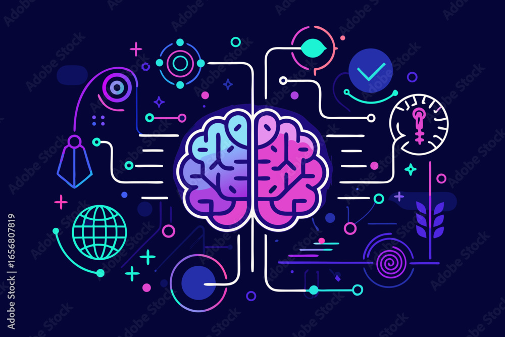 Poster dynamic digital brain concept with vibrant neural connections and abstract technology symbols repres