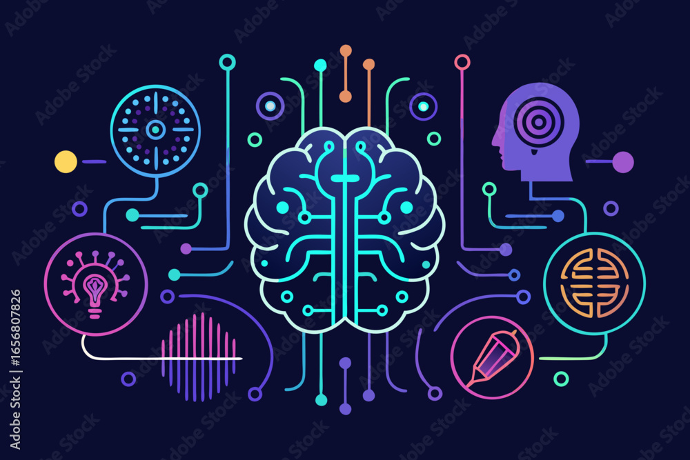 Poster visualize cutting-edge ai innovation with a stylized brain connected to futuristic technology symbol