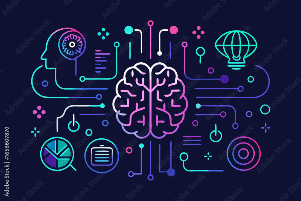 Poster visualize brilliant ideas and complex processes with this modern ai brain and data flow graphic, per