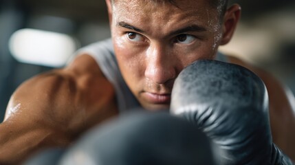 A focused boxer with intense gaze, ready to strike, in a gym setting.