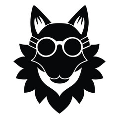 Black silhouette of a fox wearing goggles and a fluffy collar white animal