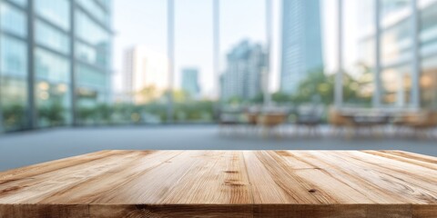 Wooden table top in front of a blurred city scape