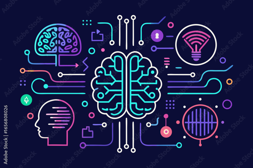 Poster explore the vibrant concept of artificial intelligence and innovation with a stylized brain and inte
