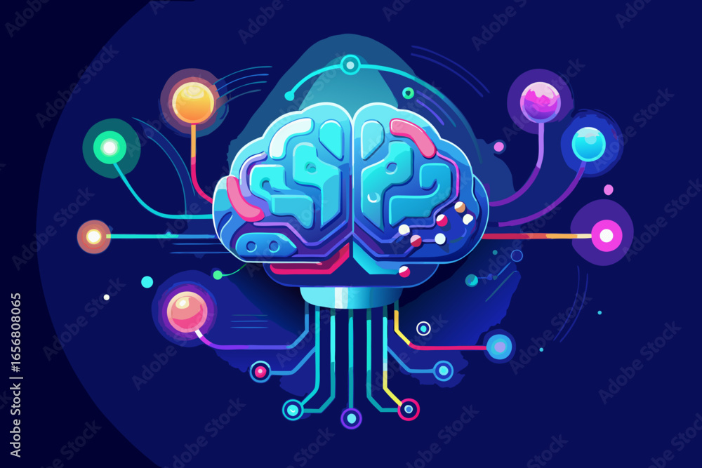 Poster vibrant futuristic brain illustration symbolizing artificial intelligence, neural networks, and adva